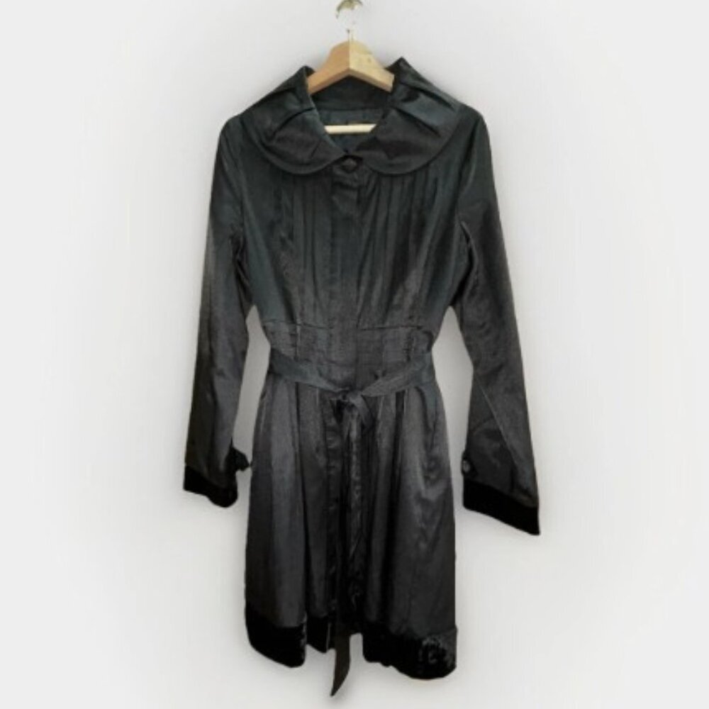 CC Couture Fitted Ruffle Collar Wrap Belted Satin Velvet Black Jacket Size Small
